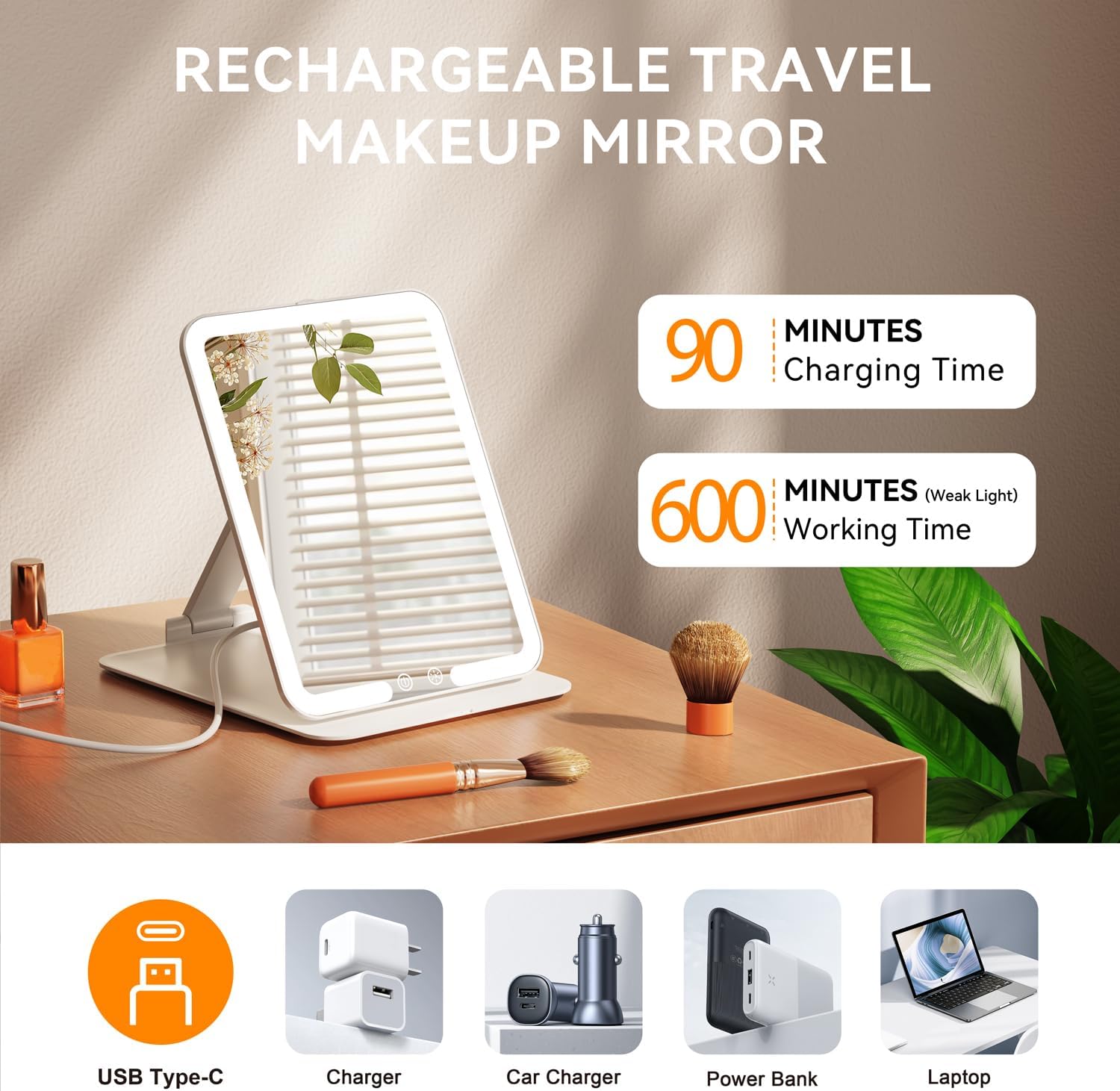 Auxmir - Miroir maquillage LED USB, écran tactile, 3 lumières, compact