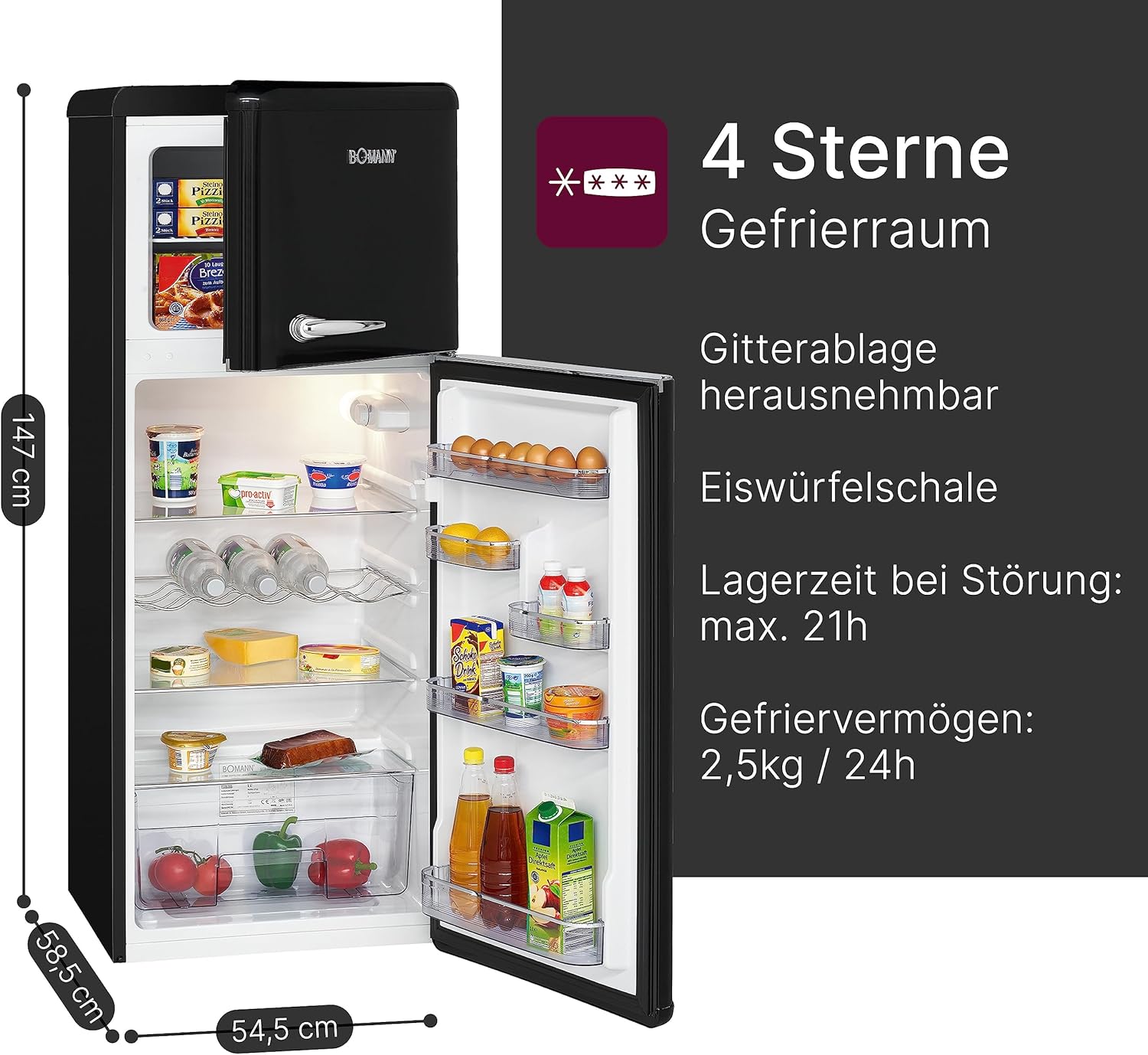 Bomann - DTR 353 - réfrigérateur-congélateur, 208L, noir/argent, E, DTR353