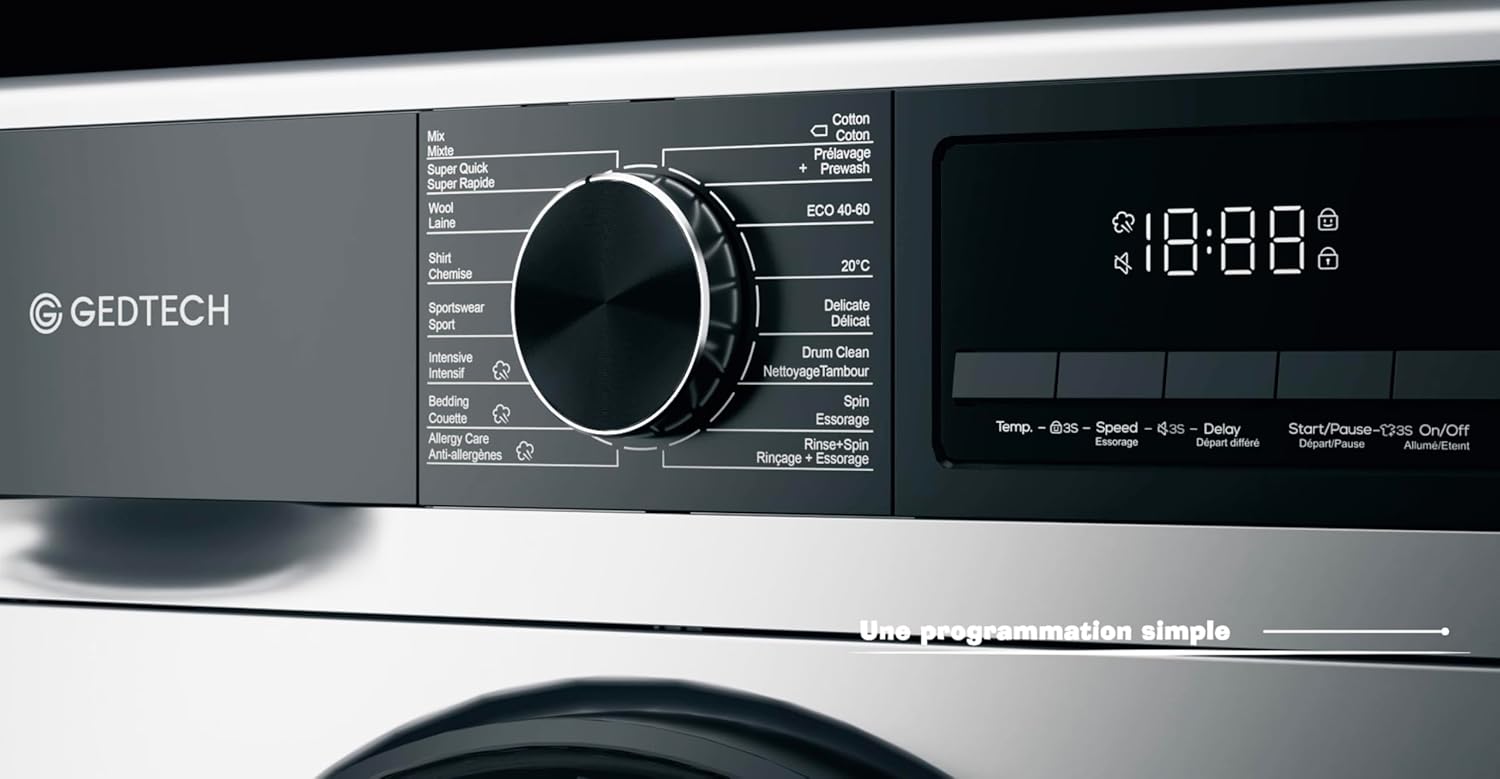 GEDTECH - lave-linge frontal 9kg, 1400tr/mn, 16 prog, eco, A-10% GLL91400WH