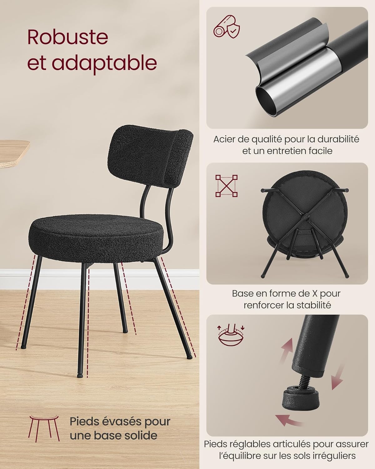 VASAGLE - Chaises salle à manger, lot de 4, tissu peluche, dossier courbé, cadre acier, rembourrées, noir, KDC110B14