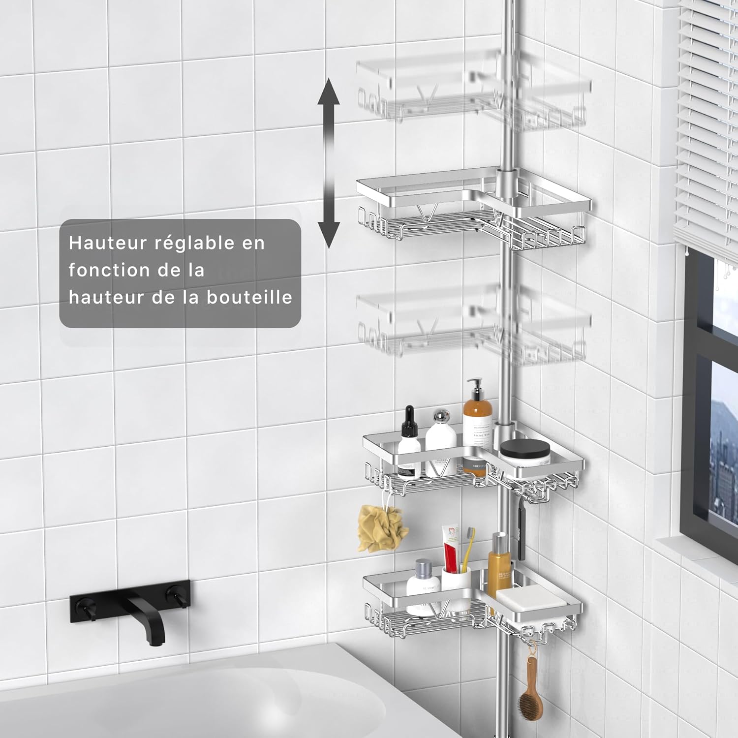 Kegii - étagère douche télescopique, 4 paniers réglables, argent