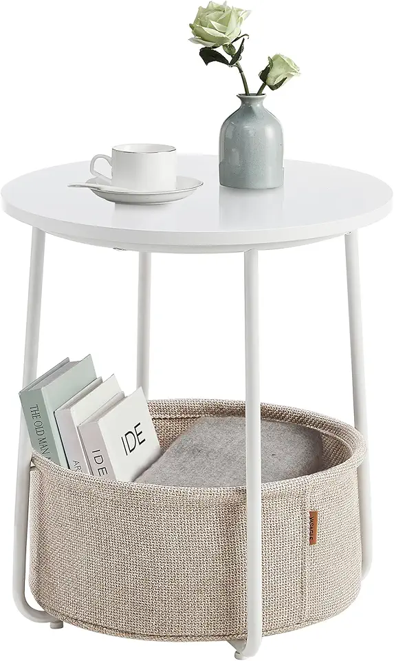VASAGLE - Petite table basse ronde - compacte, panier tissu, blanc/marron LET223W10