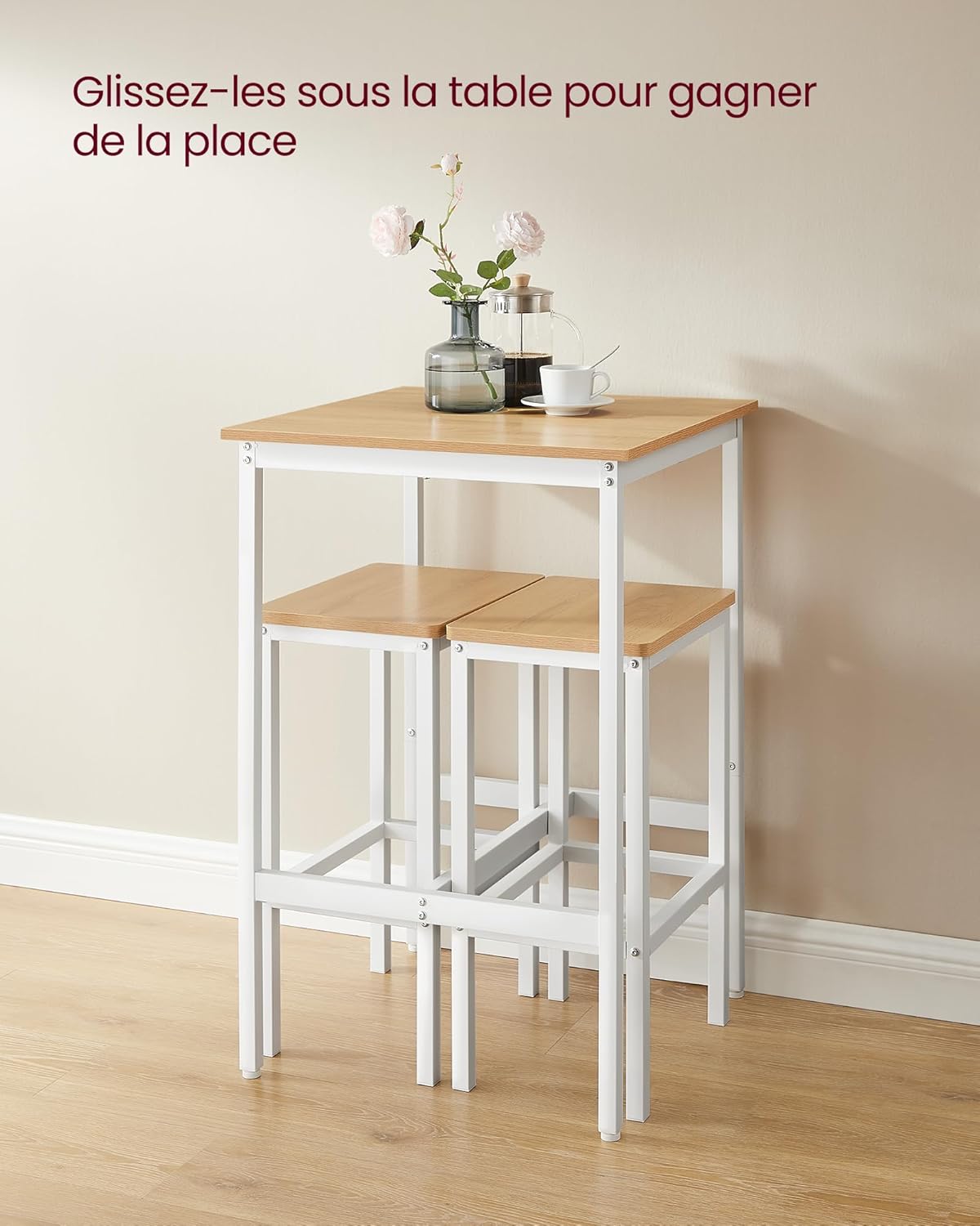 VASAGLE - Table bar & 2 tabourets, chêne doré/blanc, compact, LBT017W09