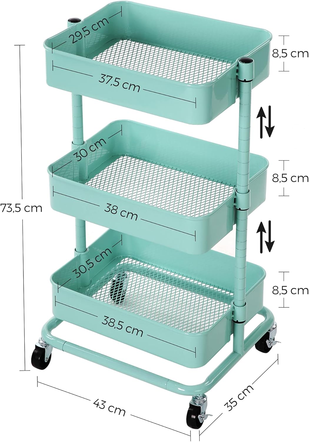 SONGMICS - Chariot 3 niveaux mobile, étagère réglable, 2 freins, montage facile, vert menthe - BSC60M
