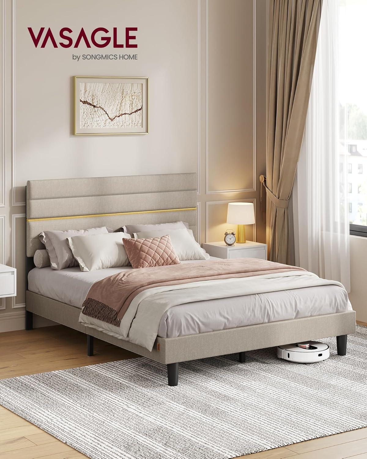 VASAGLE - lit double moderne - 140x190 cm - tête de lit rembourrée réglable, métal et bois massif - RMB503W01