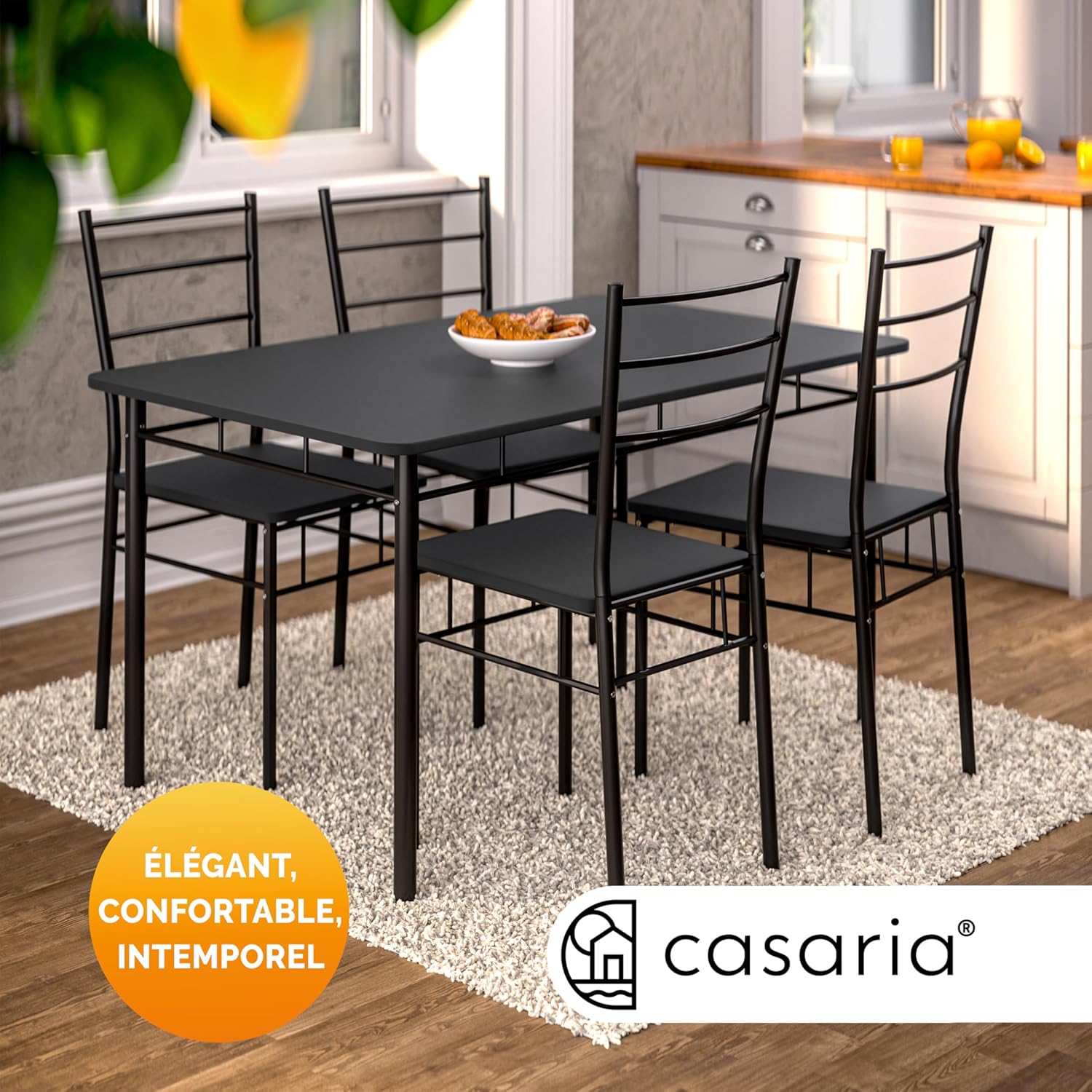 Casaria - Ensemble Leo - table et 4 chaises MDF métal, anthracite, salle à manger