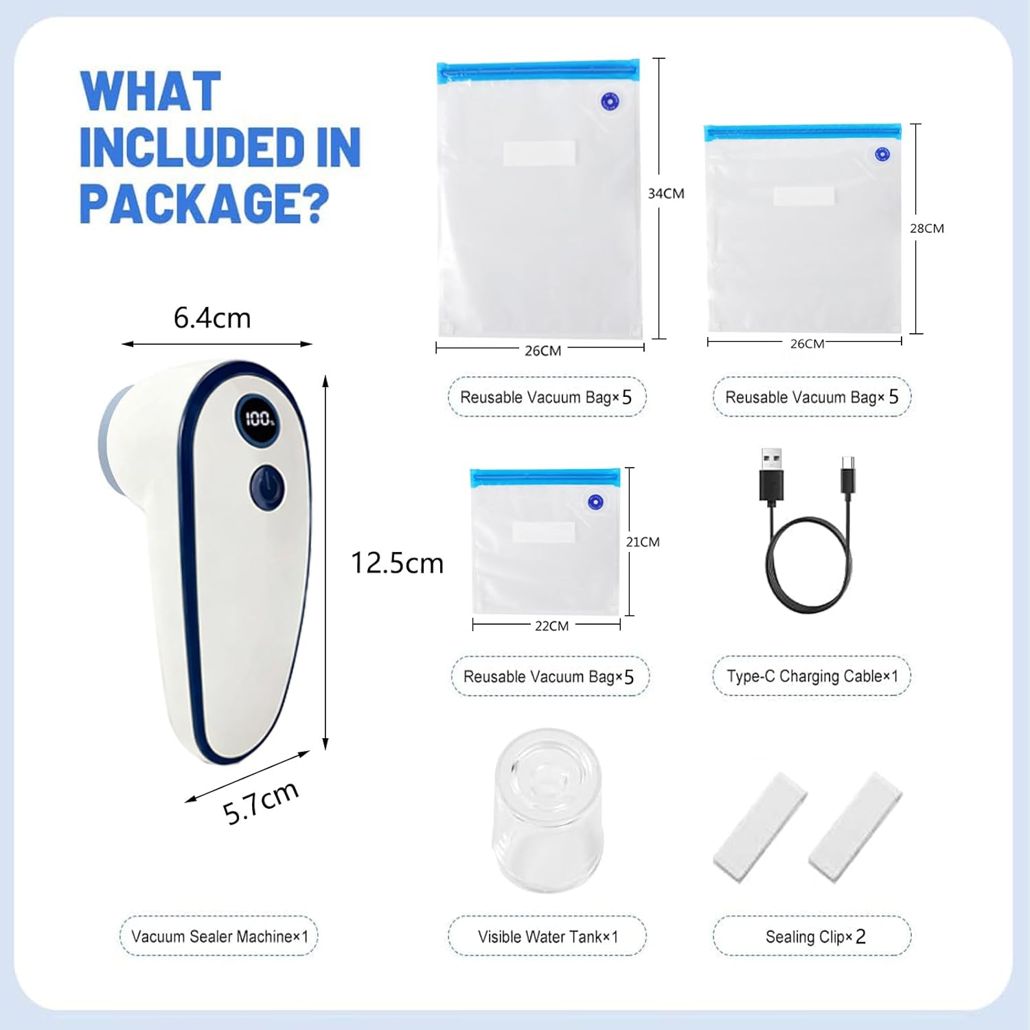 Pompe à vide alimentaire électrique - mini sans fil, 15 sacs, USB-C, 60 kPa