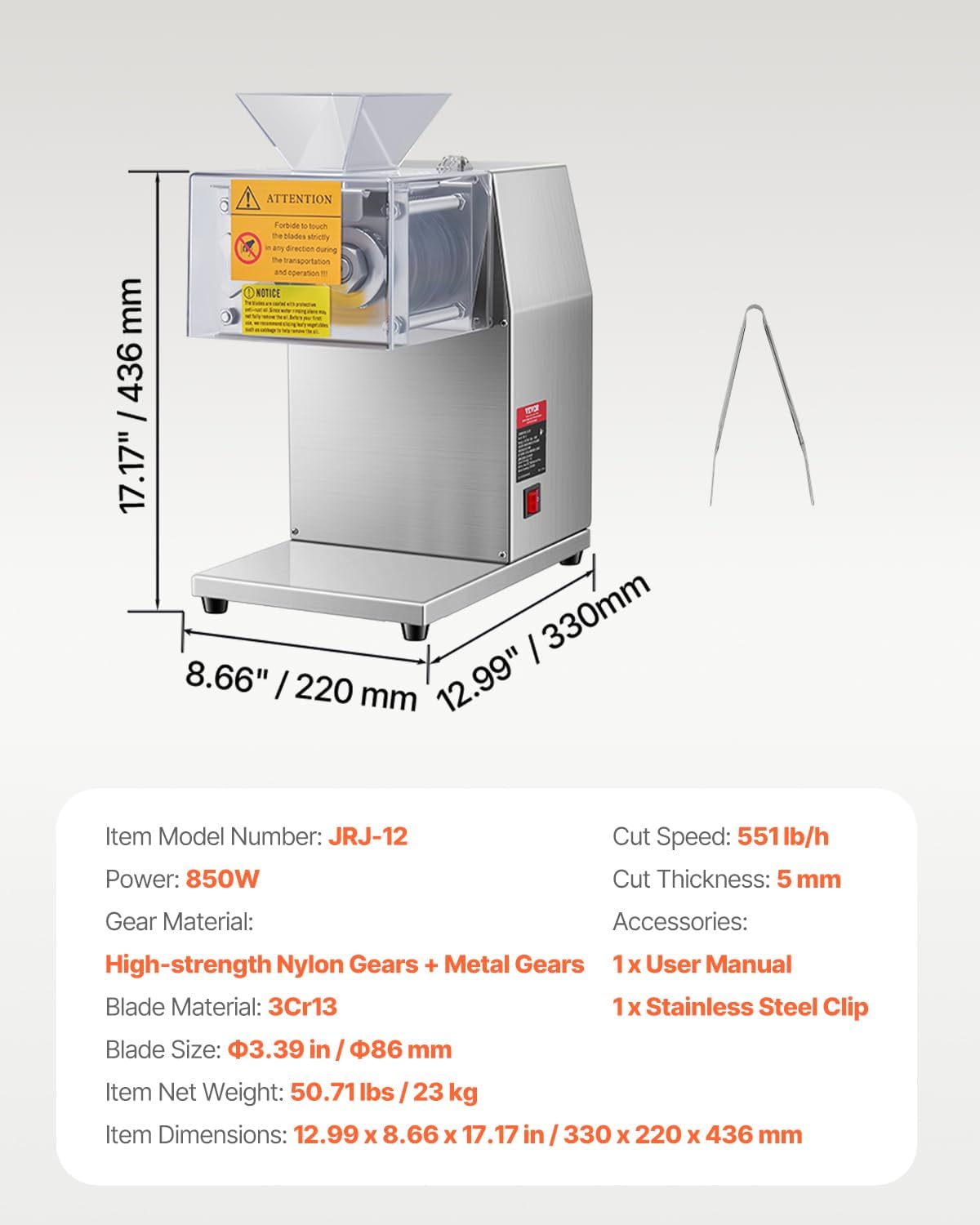 VEVOR - trancheuse commerciale 850W, 250kg/h, inox, lames 5mm