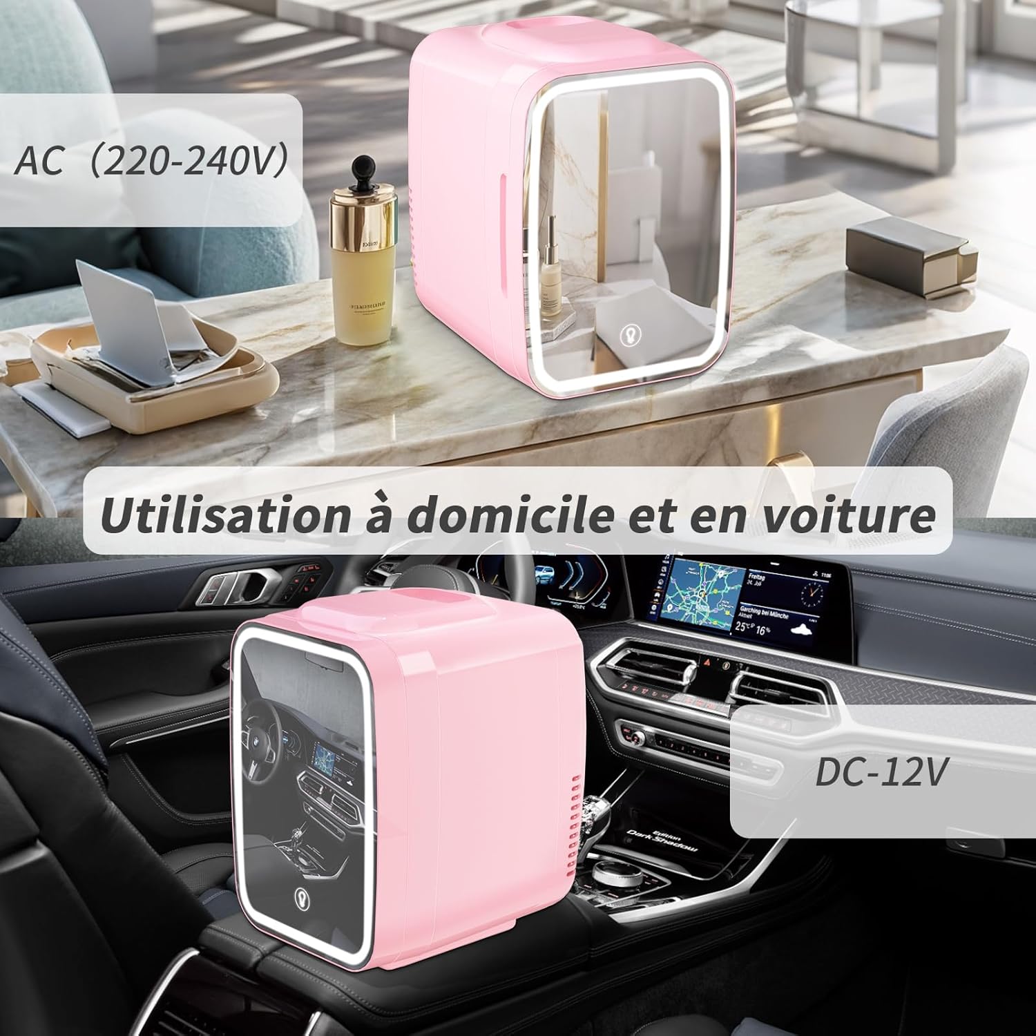 YASHE - Mini frigo LED miroir 4L, portable, 220V/12V, rose