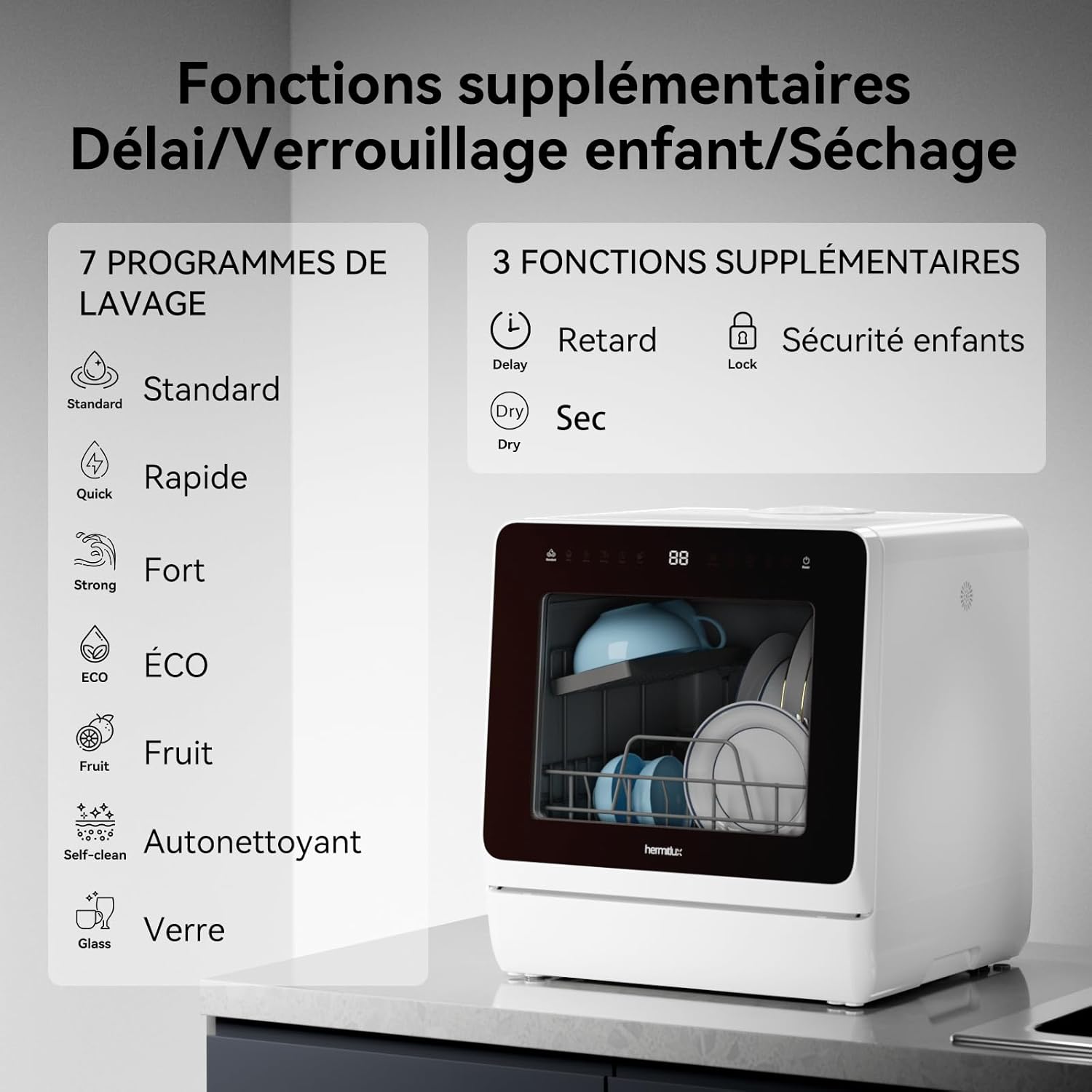 Hermitlux - mini lave-vaisselle 5 couverts, 7+3 programmes, réservoir 5L