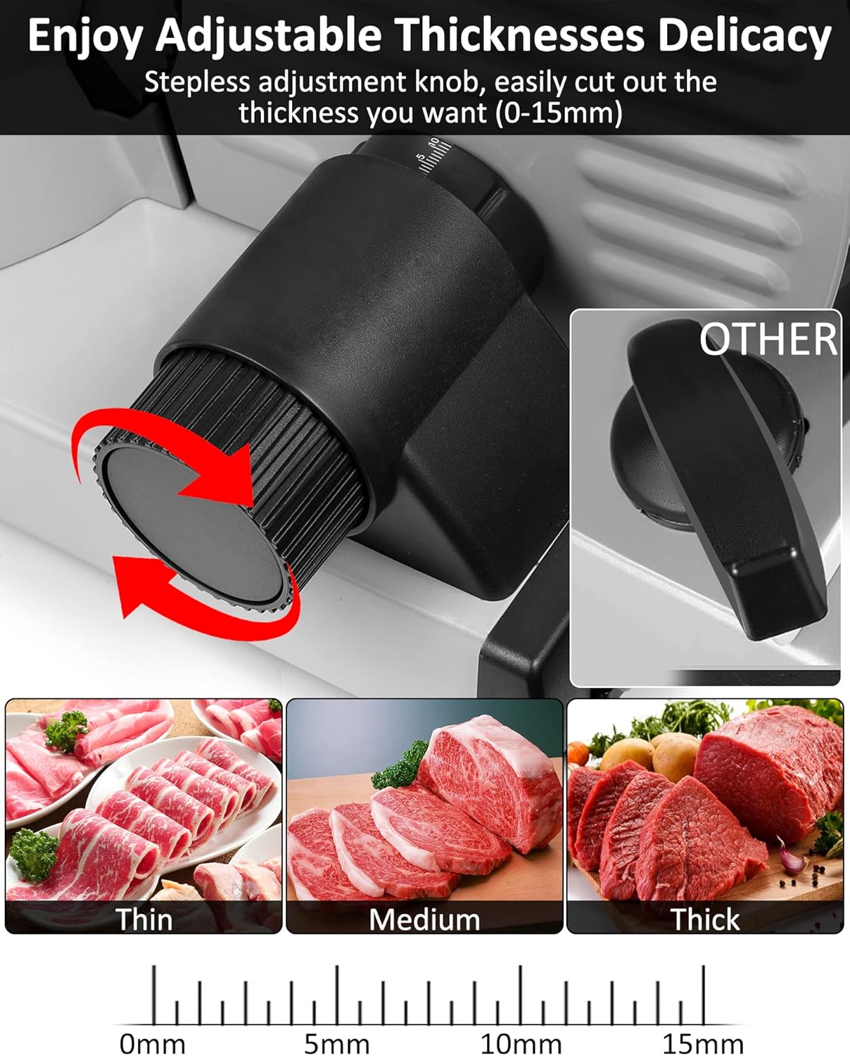 Trancheuse électrique - 200W inox, réglable 0-15mm, 2 lames, argent