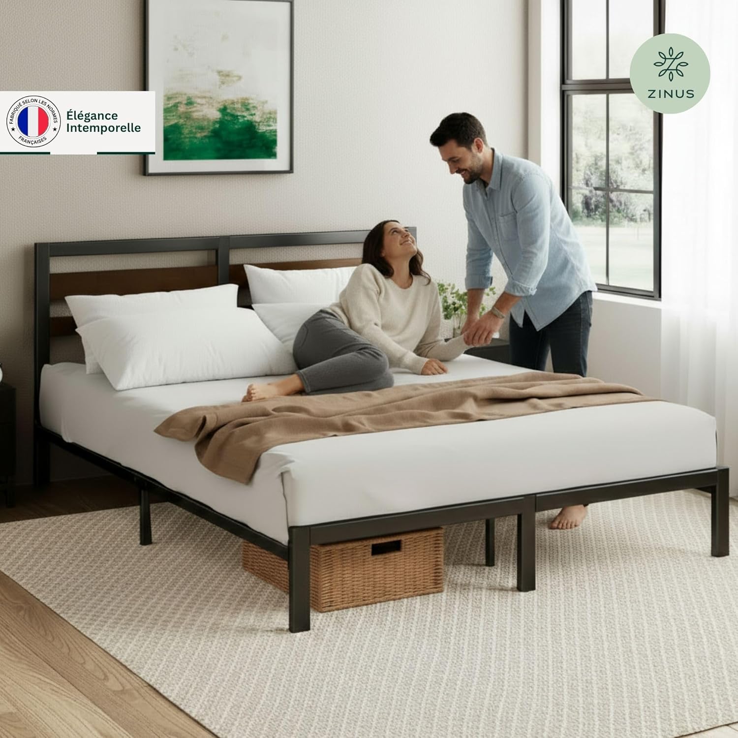 Zinus - Kai - 140x190 cm - sommier métal et bambou, tête de lit, rangement