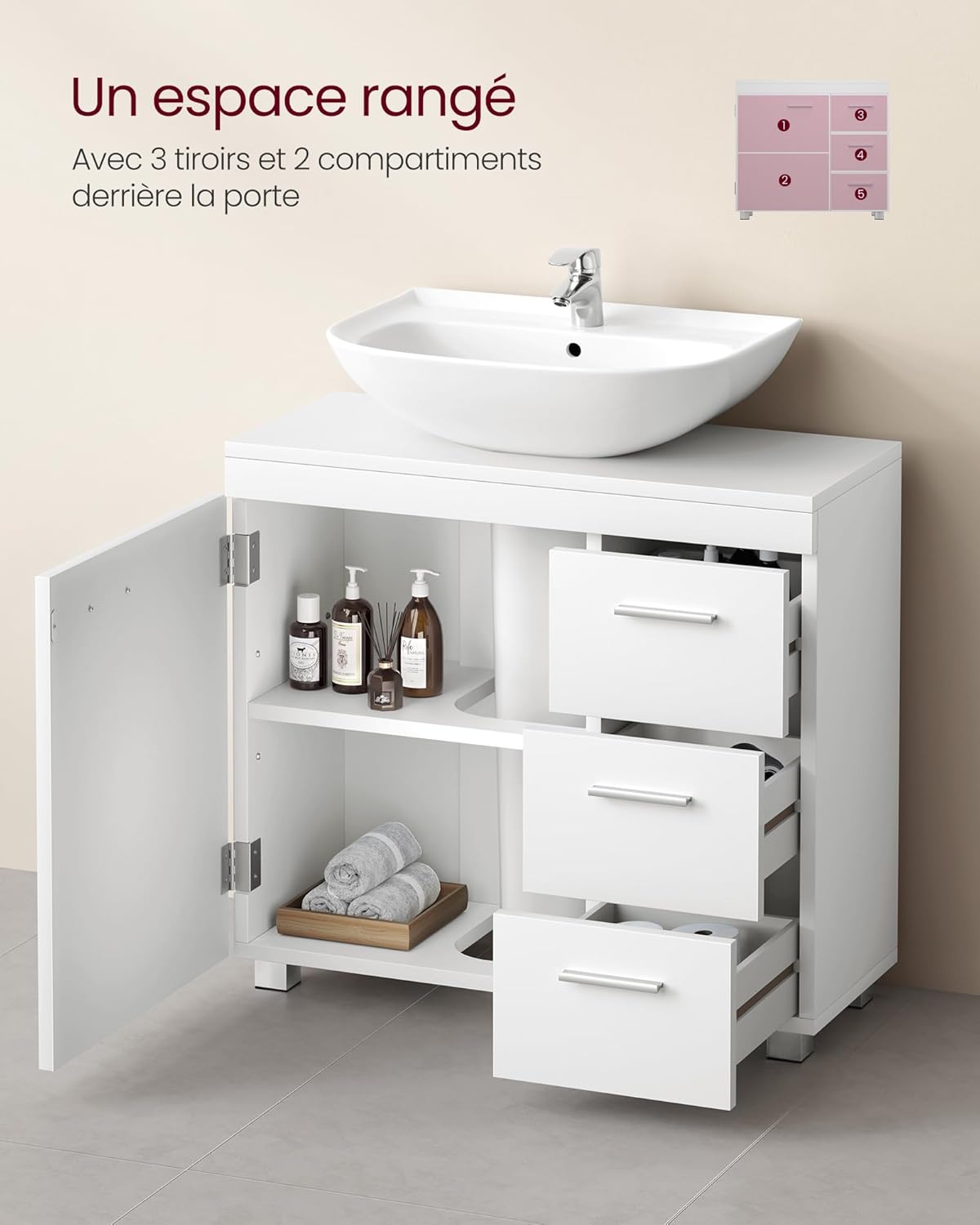 VASAGLE - meuble sous lavabo 3 tiroirs 2 cases 30x70x64cm BBK504W01