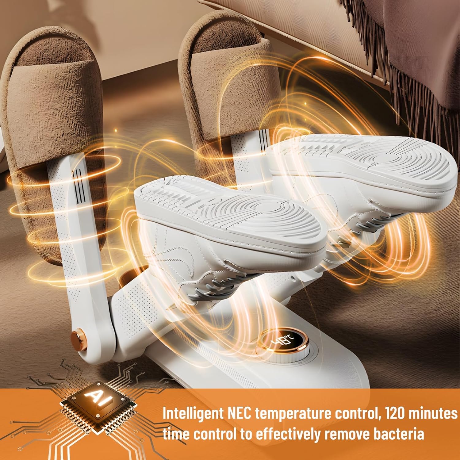 Sèche-chaussures électrique 4 bras, arrêt programmé, stérilisation, 33x24x27cm