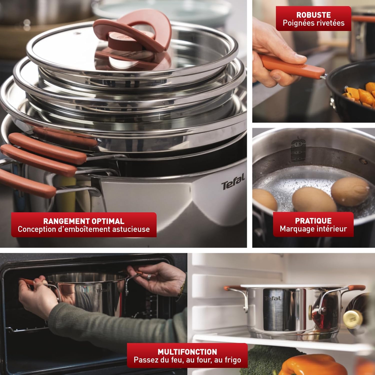 Tefal - batterie de cuisine 13 pcs - inox 18/10, induction, empilable, Opti'Space G720SD74