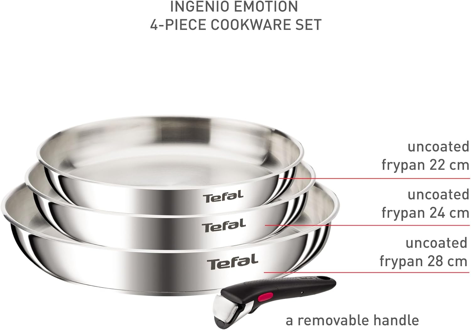 Tefal - Ingenio Emotion - 22/24/28cm - inox, poignée amovible, induction, L8968445