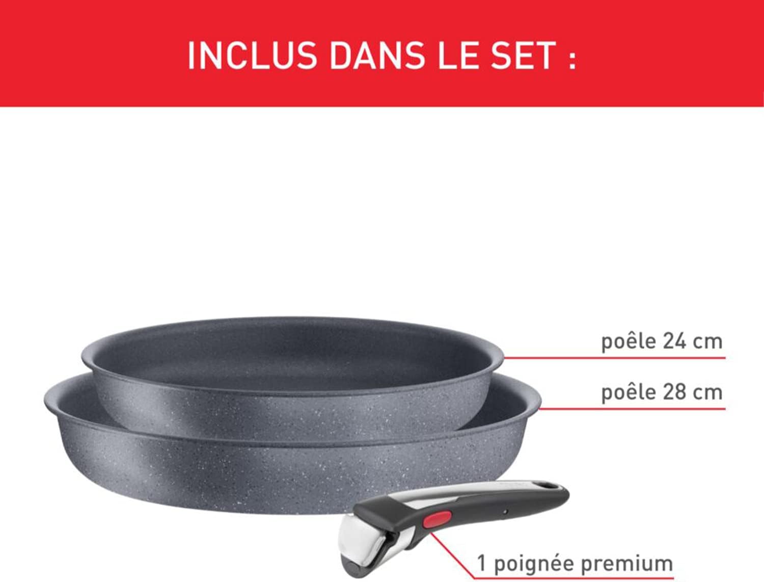 Tefal Ingenio Natural On - 2 poêles + poignée - induction, antiadhésif, empilables, lavable, Fabriqué en France - L76693