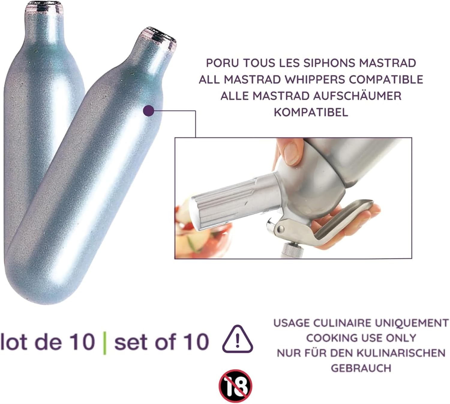 Mastrad - cartouches N₂O acier 8g - lot de 10, recyclables, universelles