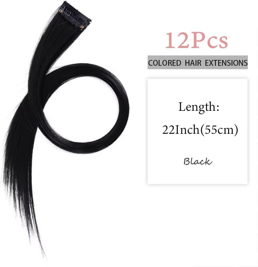 Mèches de cheveux à clipser - 55 cm - lot de 12, noires, pour tresses et coiffures