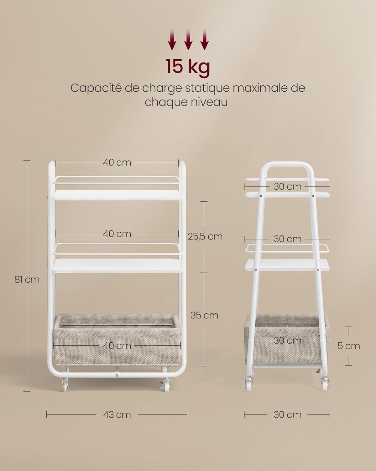 VASAGLE - LILEA Collection - 3 niveaux, panier tissu, à roulettes - LRC001WB01