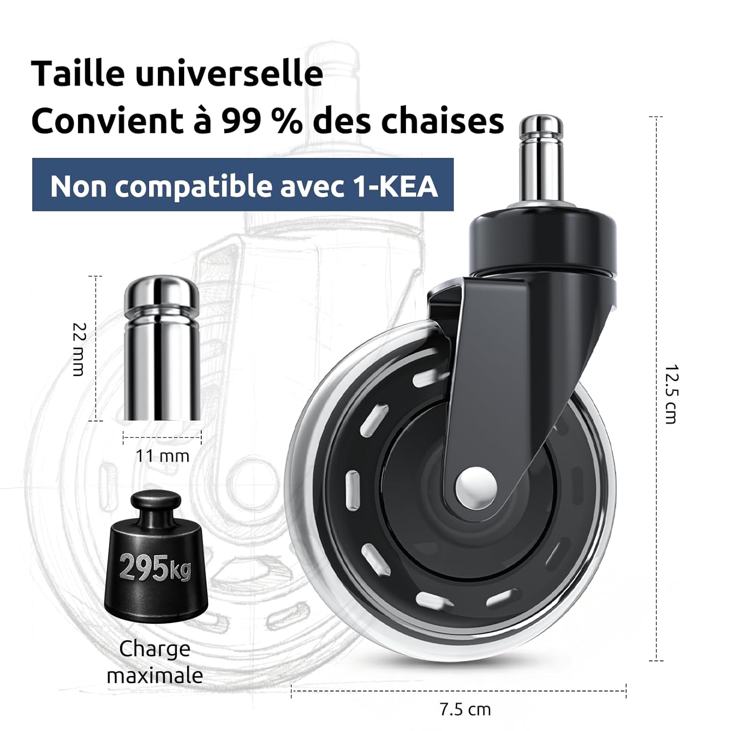 COSYLAND - roulettes bureau - 11x22 mm - silencieuses, sols durs