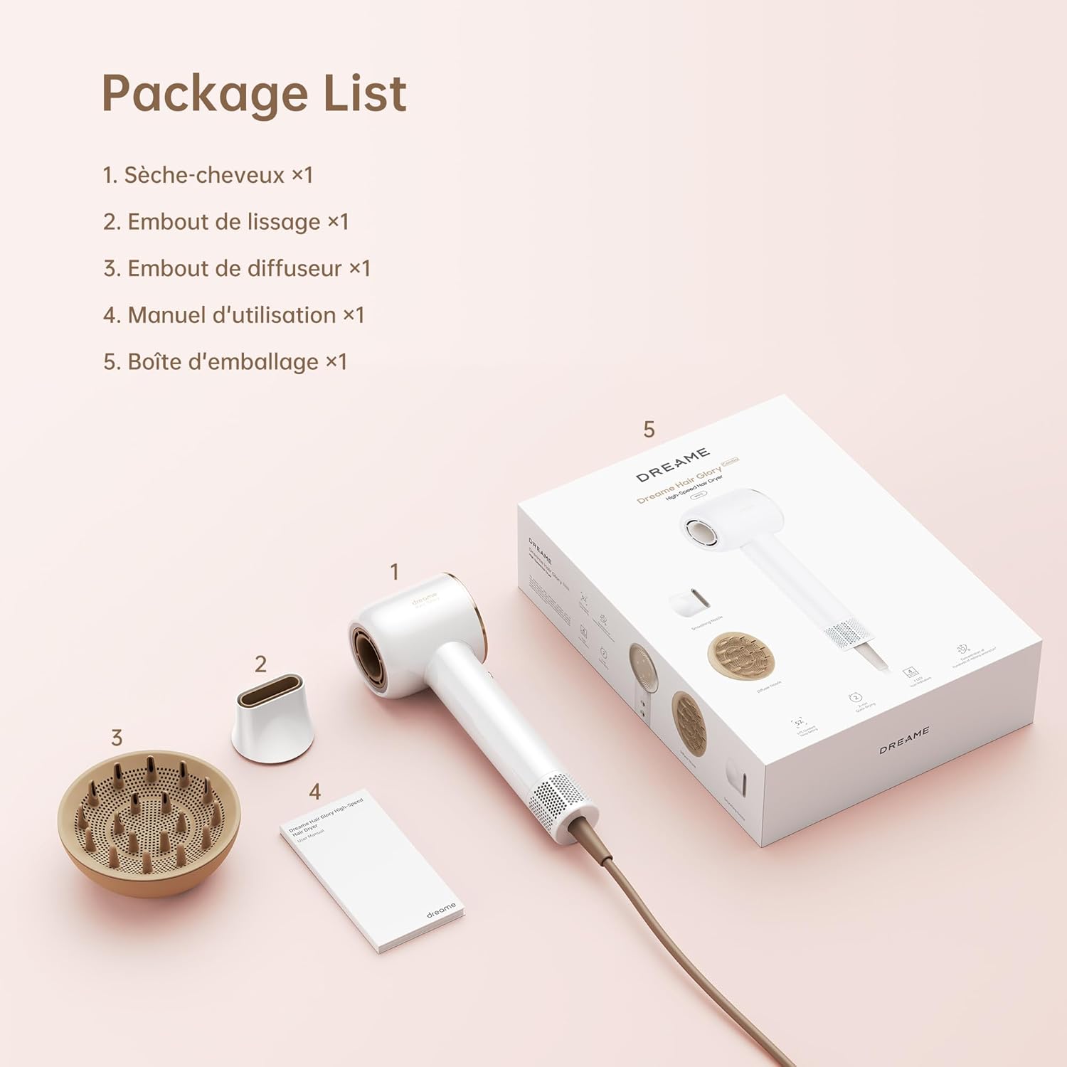 Dreame - Hair Glory Combo - léger, moteur 110000 tr/min, ionisation, séchage rapide, 70m/s airflow