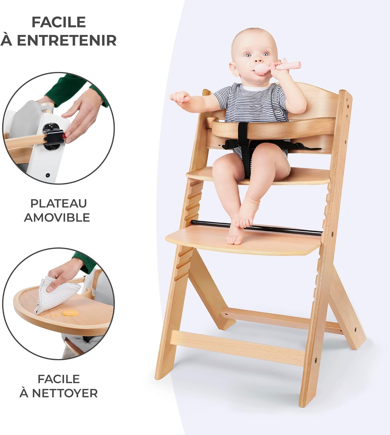 Kinderkraft - ENOCK - chaise 2-en-1 réglable, bois, harnais 3pts, 35kg, Blanc