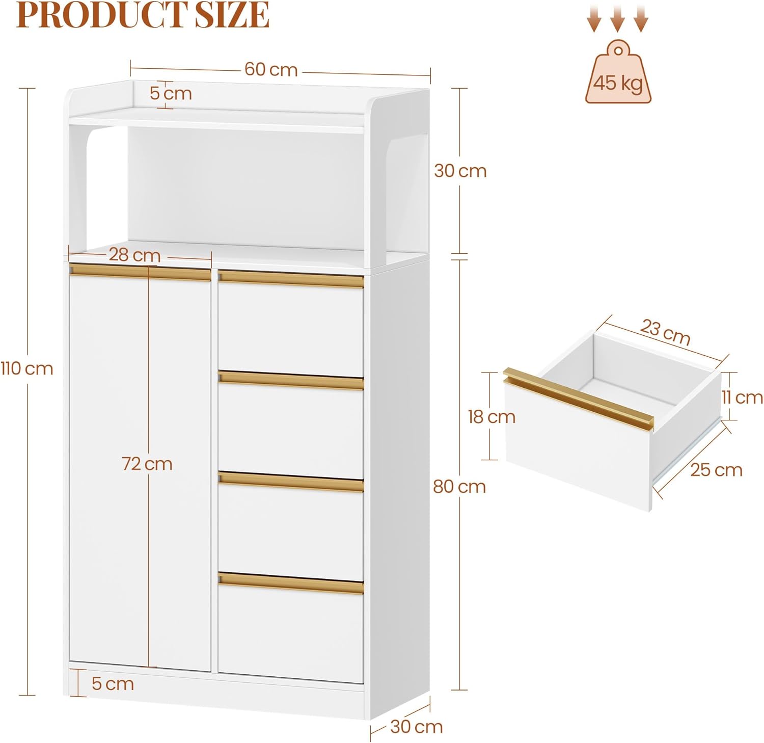 Meuble Salle de Bain - rangement placard 4 tiroirs, blanc, 30x60x110cm
