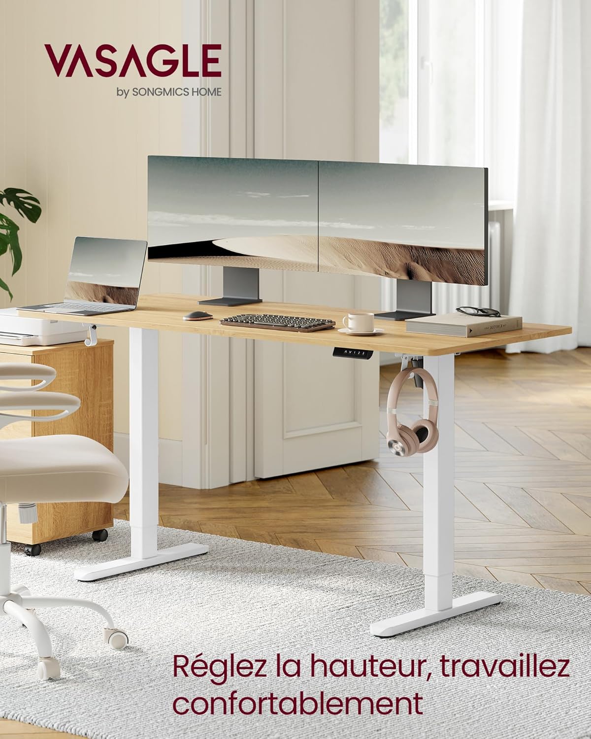 VASAGLE - bureau assis-debout, acier blanc, 3 hauteurs, 2 crochets, LSD021W01V2