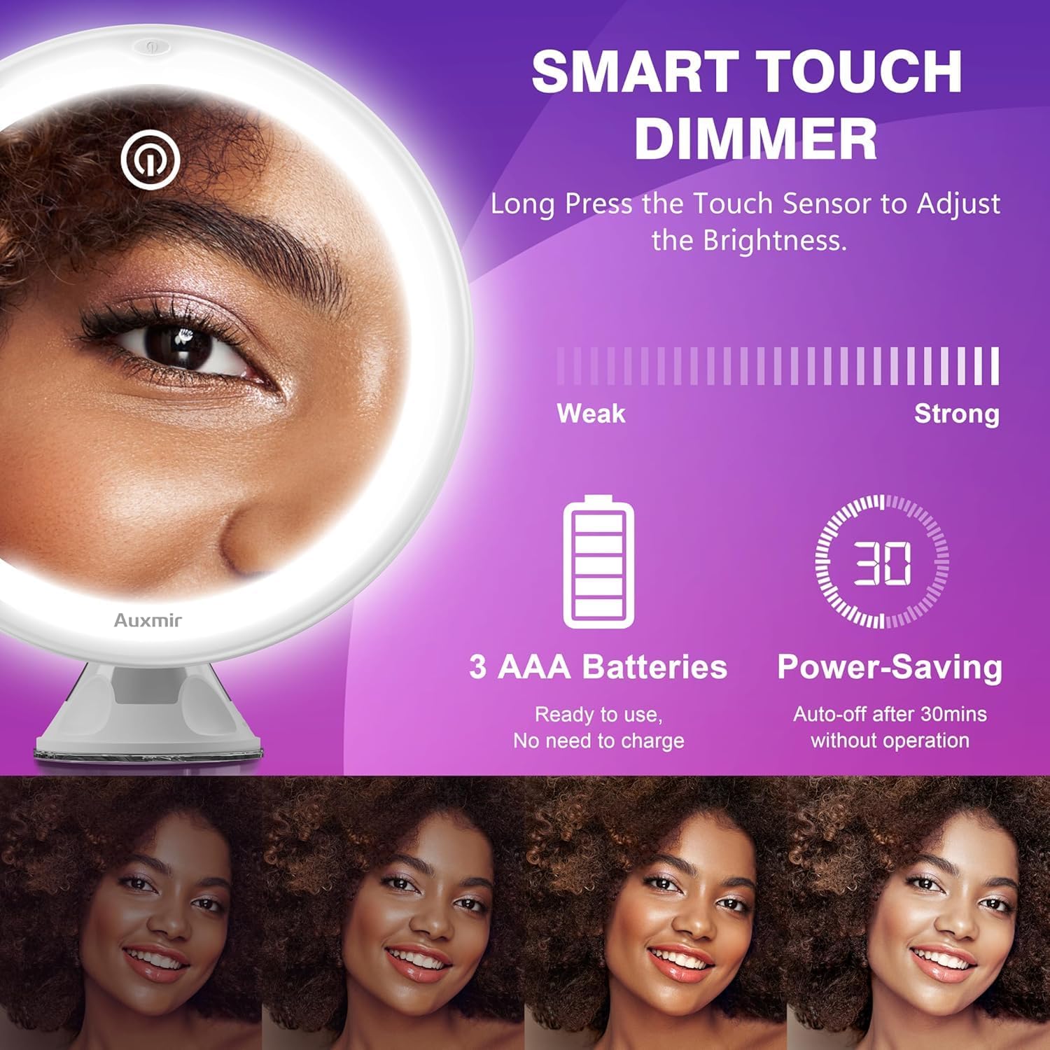 Auxmir - miroir maquillage 30X - Ø non précisé - LED 3 tons, ventouse, rotation 360°