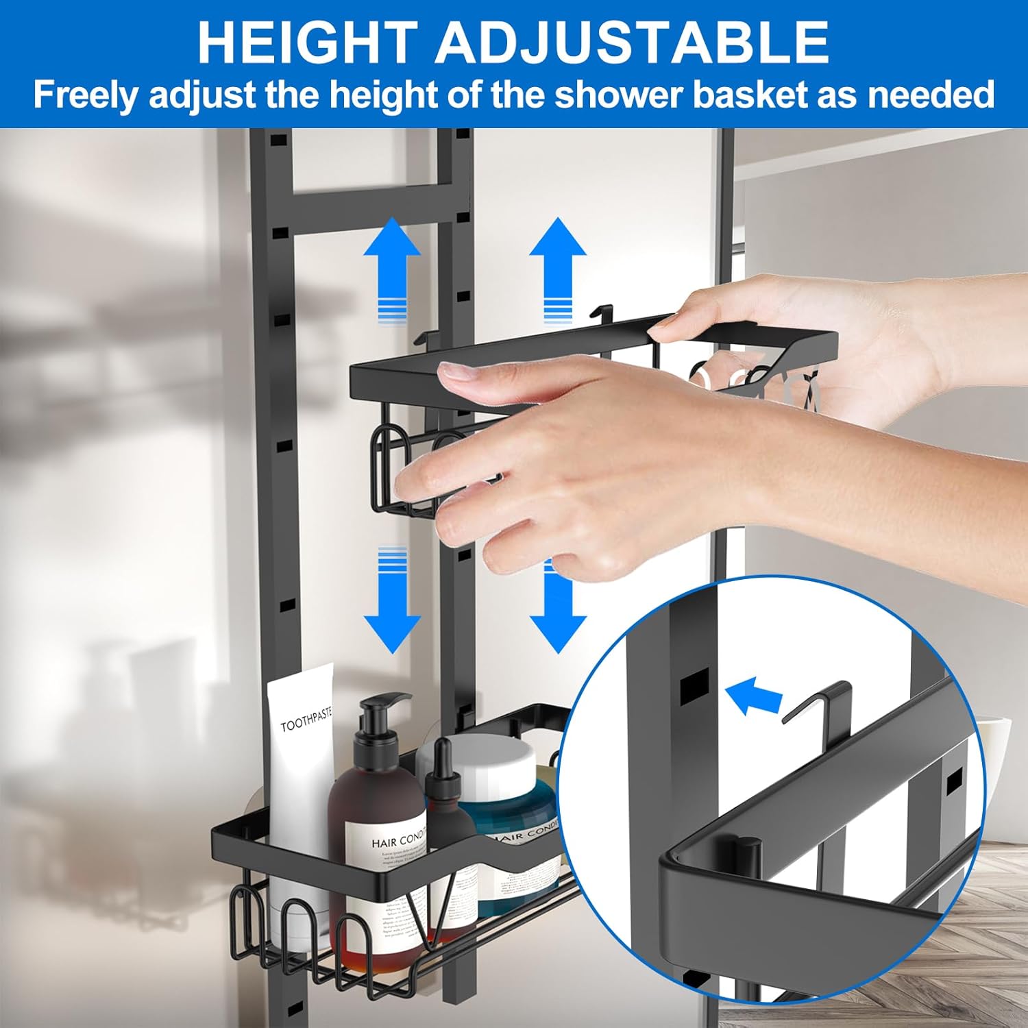 Étagère de douche suspendue - 3 paniers réglables - noir - sans perçage