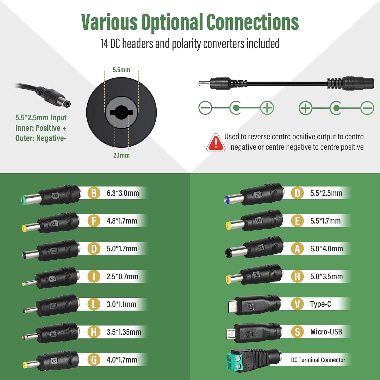 Alimentation universelle - 72W, 24V - 14 embouts, polarité inversée, 3000mA max