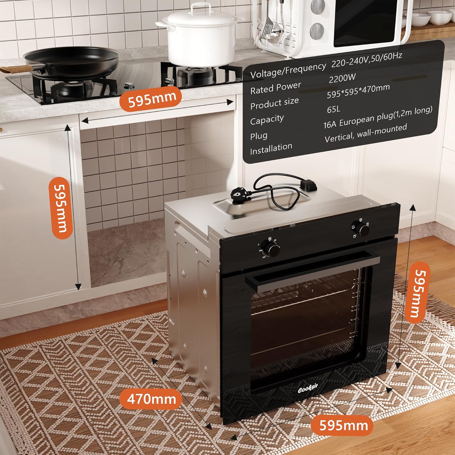 Four encastrable 60cm - 65L, 2200W, 4 fonctions, ventilateur, prise