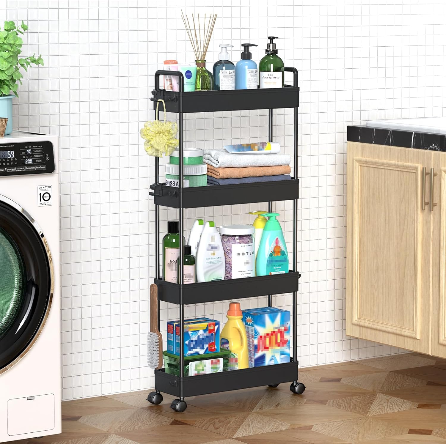 SOLEJAZZ - chariot 4 étagères - rangement mobile étroit, plastique, noir