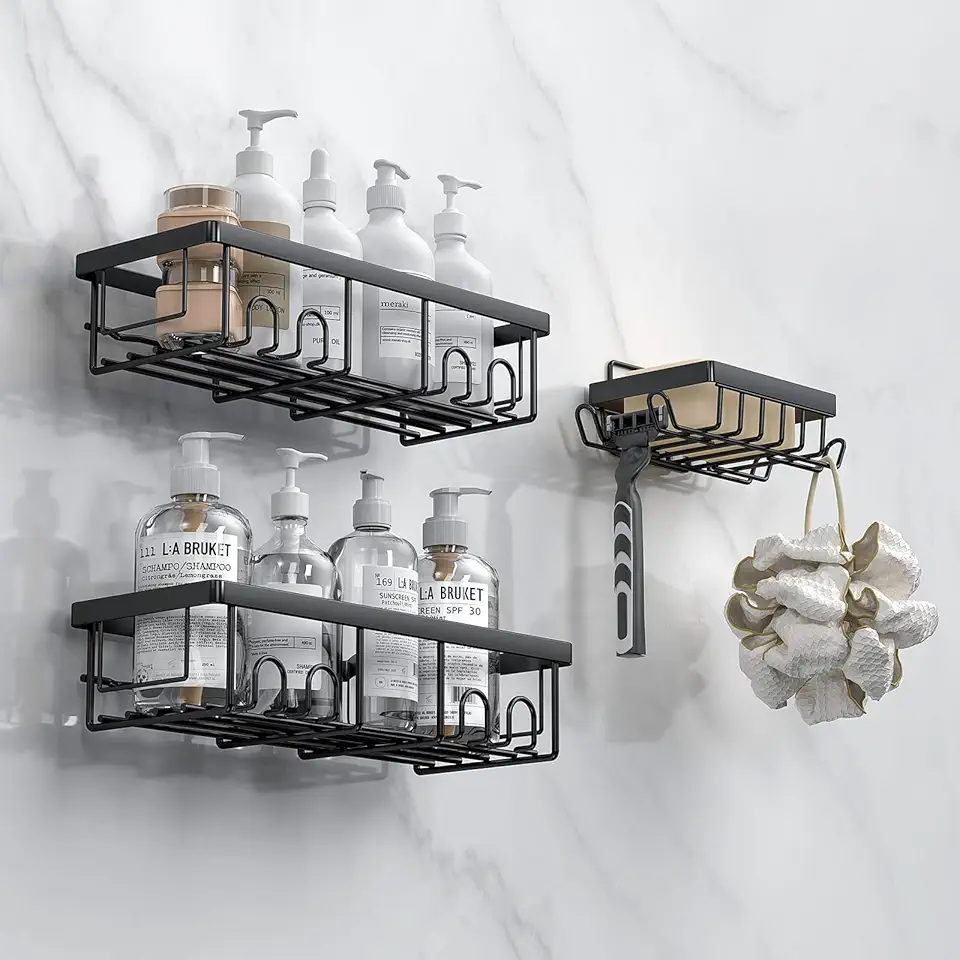 AceMining - Étagère de douche sans perçage, 3 pcs, crochets, rangement compact