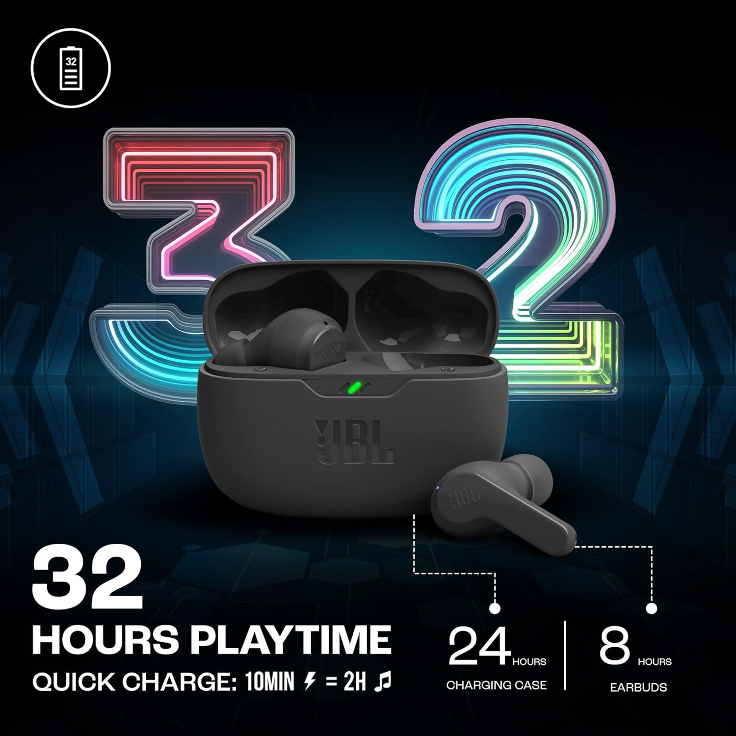 JBL - Wave Beam - Intra-auriculaires sans fil - 32h, IP54/IPX2, mains libres