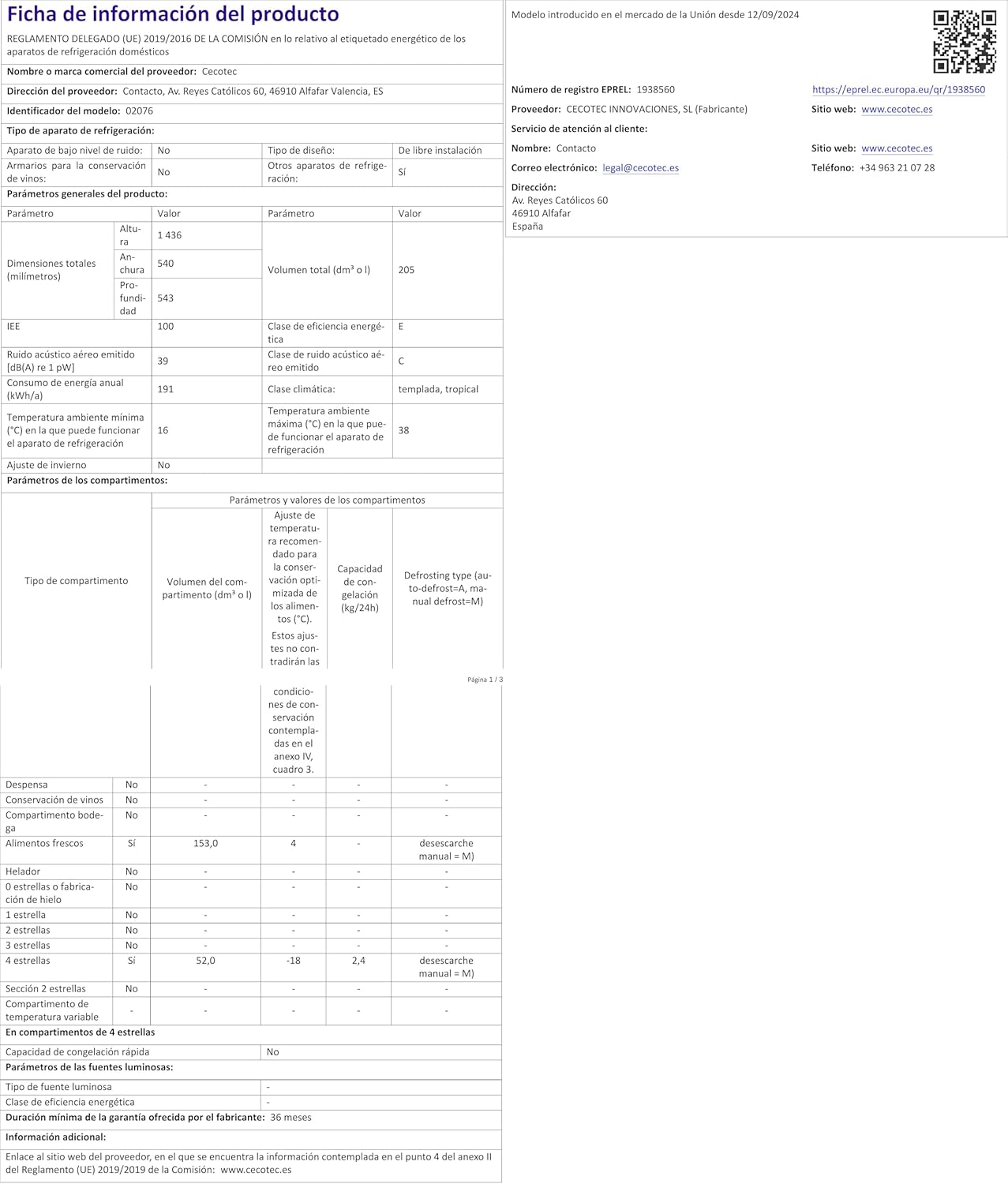 Cecotec - Bolero CoolMarket Combi - 169cm, 117L, Fast Cooling, classe E, 205 DF