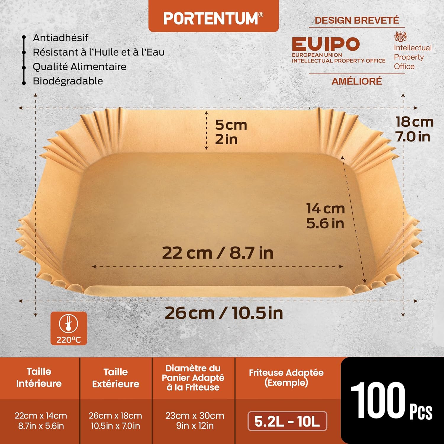PORTENTUM - papier cuisson friteuse double - 22x14cm - 100 pièces, sans BPA, rectangulaire, compatible Ninja Foodi Dual 