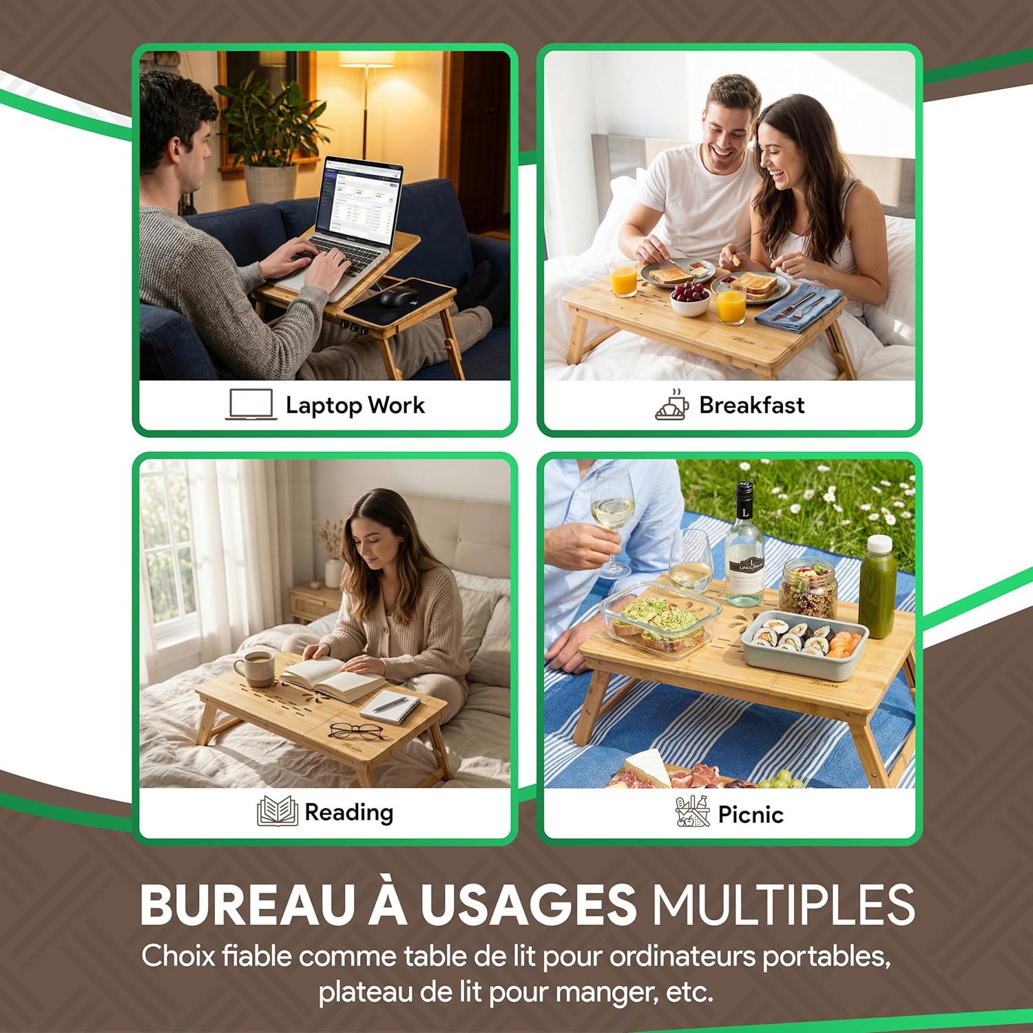 Table de lit en bambou – réglable, avec tiroir, tapis souris, 60x34cm, organisateur câbles