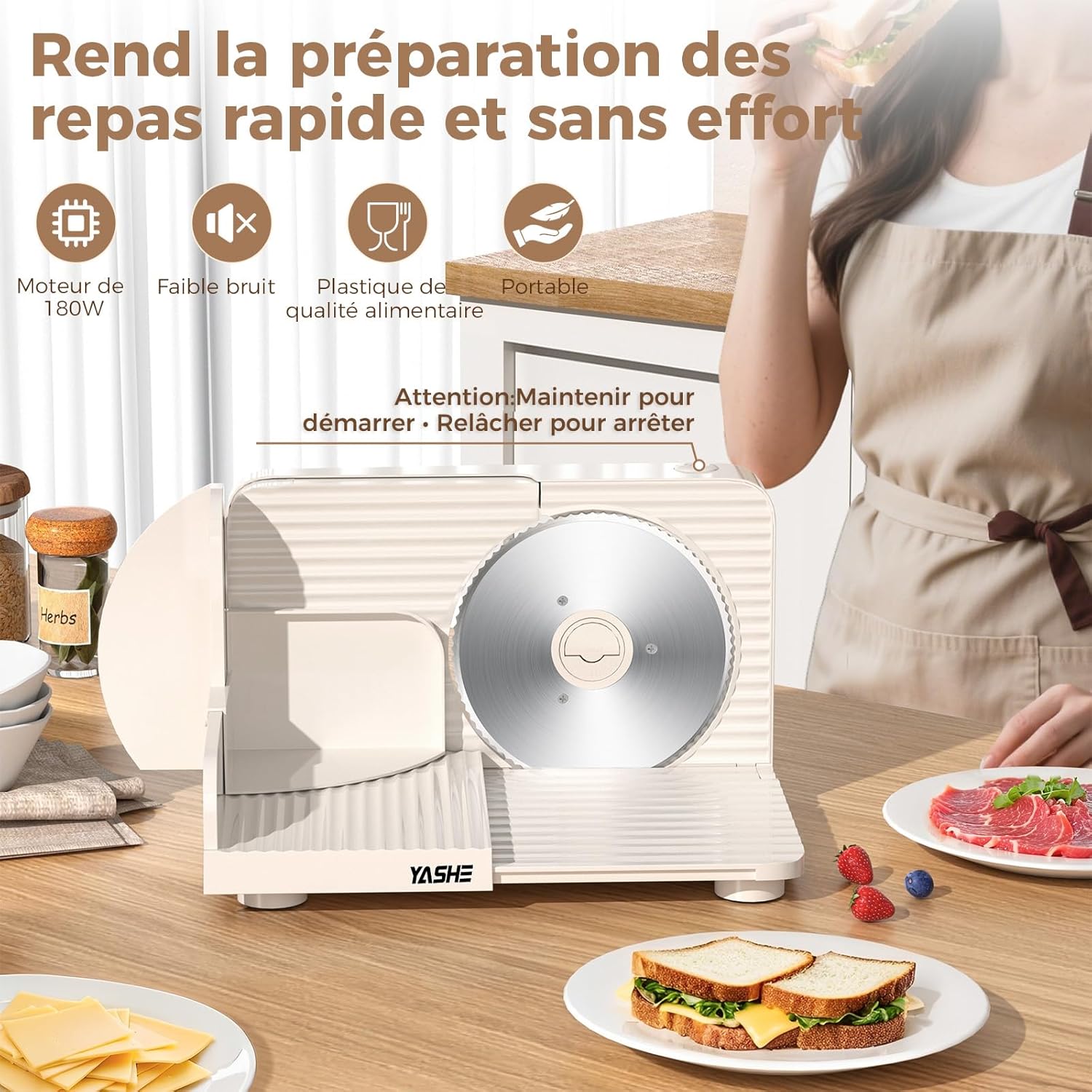 YASHE - trancheuse électrique pliable 17cm, 180W, épaisseur réglable, facile à nettoyer