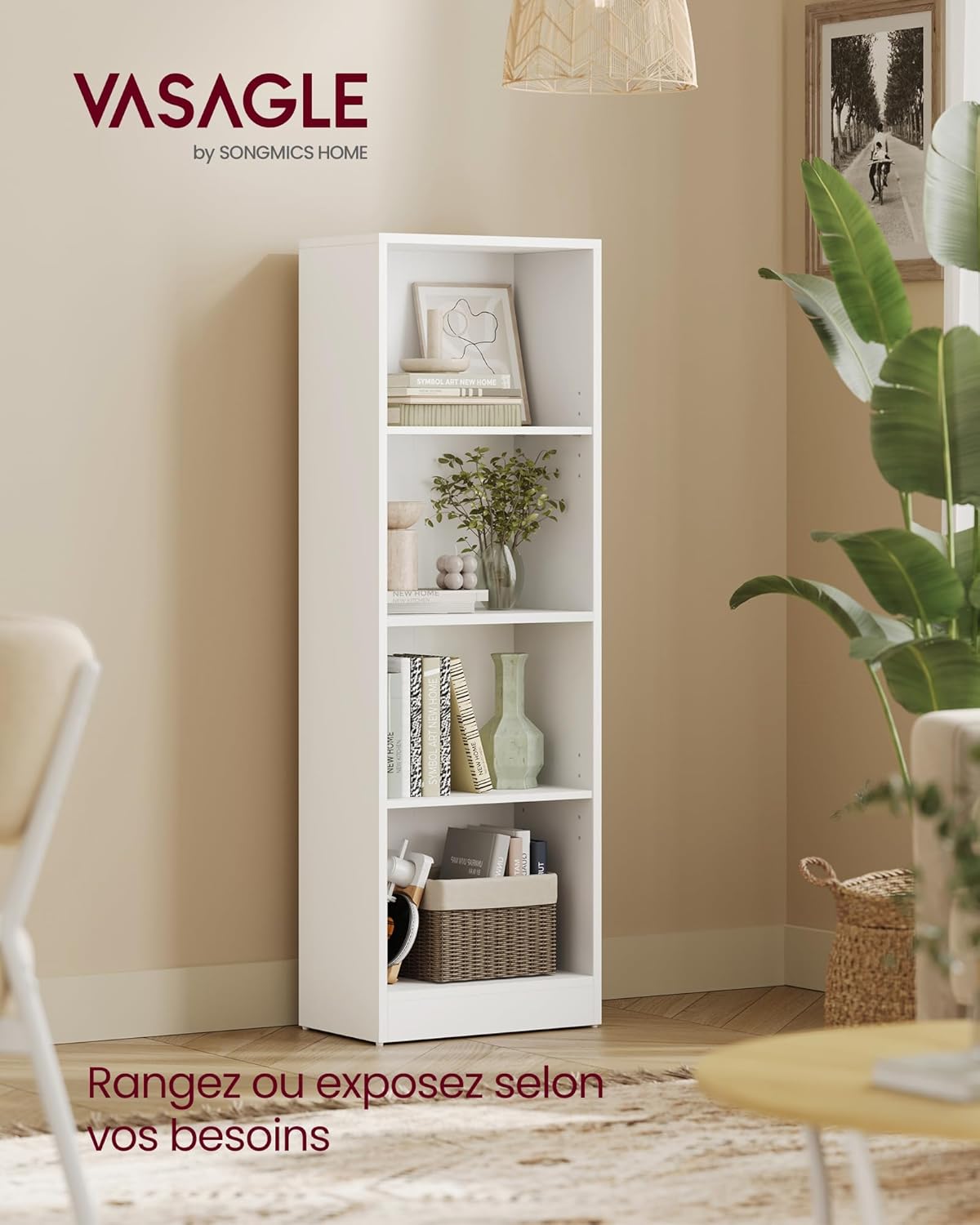 VASAGLE - étagère 4 niveaux - 24x40x121,5 cm, rangement blanc, LBC104W