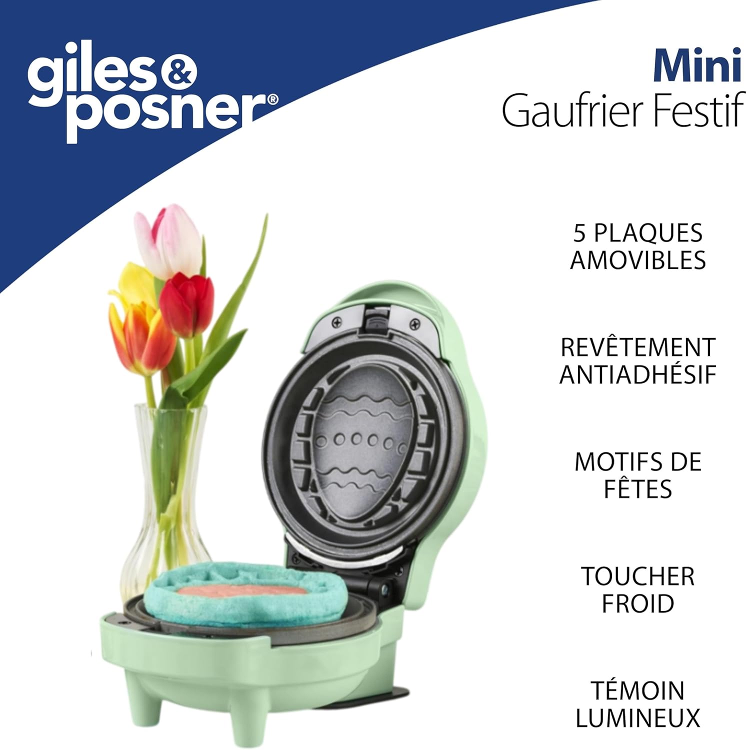 Giles & Posner - Mini gaufrier 5 en 1 - plaques amovibles, nettoyage facile, toucher froid