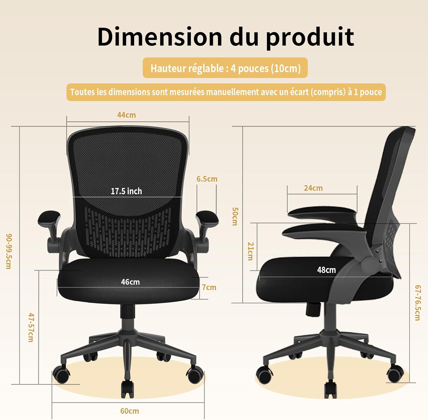 Naspaluro - chaise de bureau ergonome - accoudoirs réversibles, soutien lombaire, maille respirante, hauteur réglable
