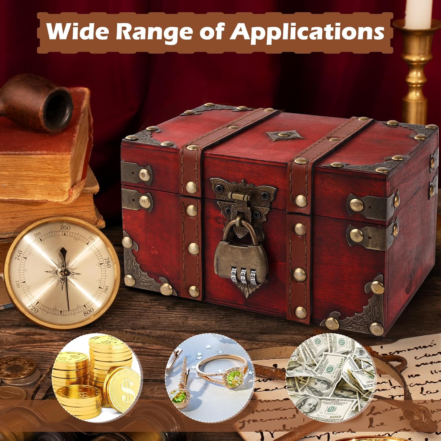 Coffre Trésor Vintage en Bois - boîte à cadenas pirate, couvercle, tirelire enfant, rouge - rangement bijoux, déco