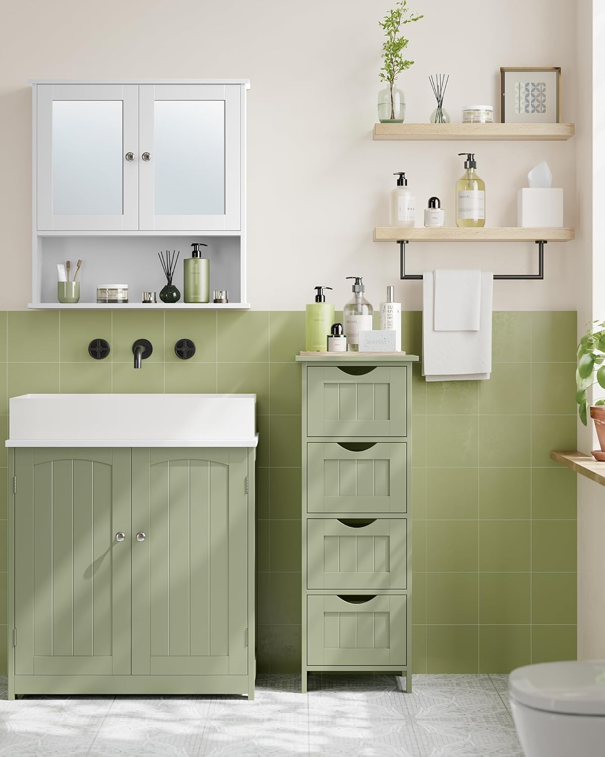 VASAGLE - armoire sur pied Vert Olive - 30x30x82 cm - 4 tiroirs, style moderne LHC040C02