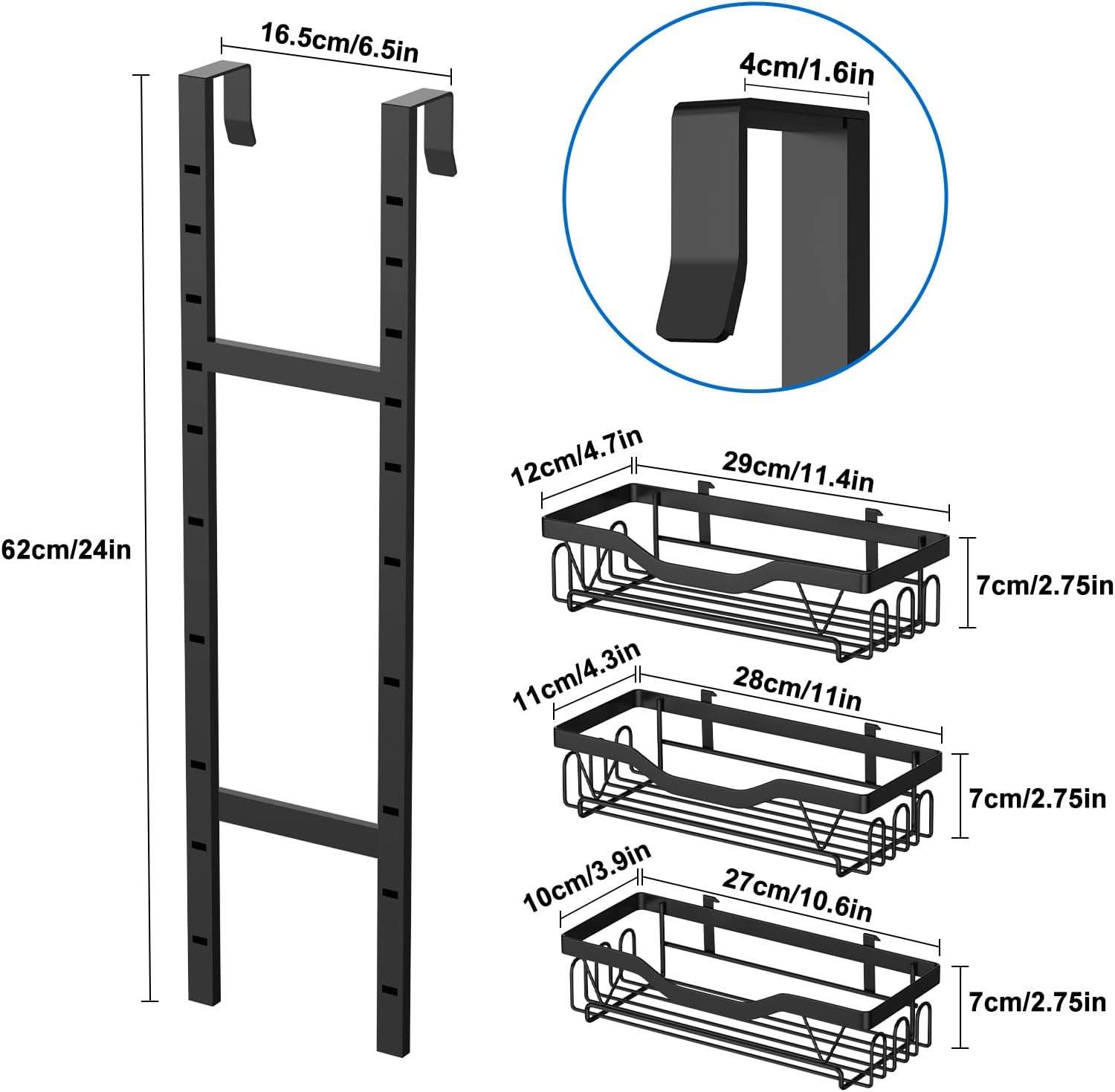 Étagère de douche suspendue - 3 paniers réglables - noir - sans perçage