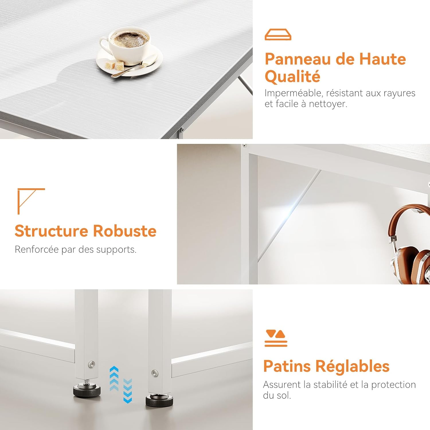 Coleshome - bureau 3 tiroirs tissu, 100x48cm, réversible, porte-casque