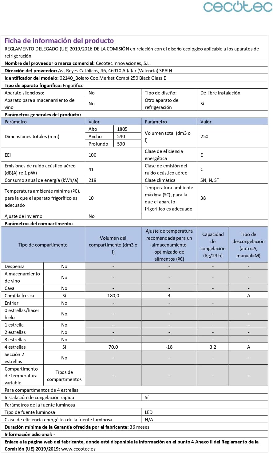 Cecotec - Bolero CoolMarket Combi 250 - 250L - noir, No Frost, Multi Air Flow, classe E