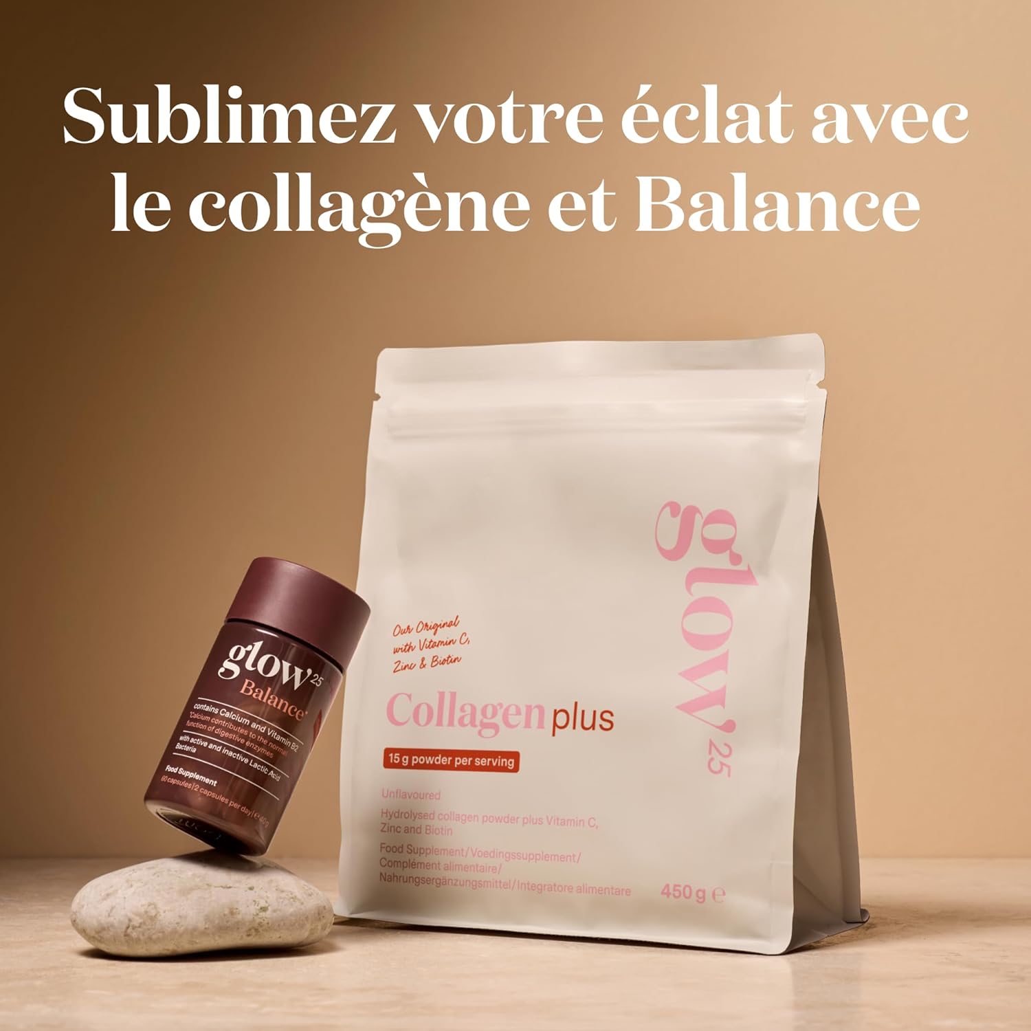 Glow25 - Collagène Plus 450g - peptides type 1 et 3, vitamine C, zinc