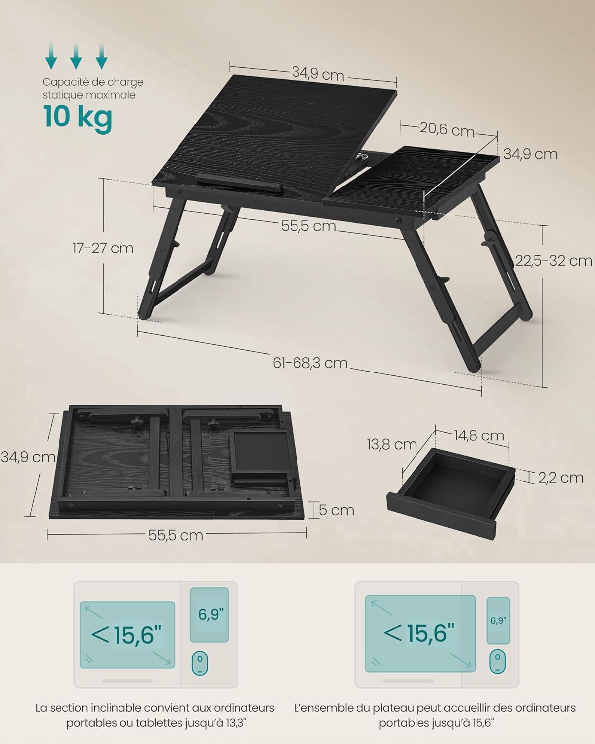 SONGMICS - Table lit/ordinateur, 39,6 cm, réglable, tiroir, bambou